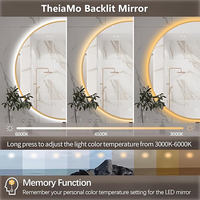40" Round LED Bathroom Mirror, Wall Mounted Backlit Vanity With Lights, Fog Free Circle With Gold Frame, Smart Light Up 3-Color