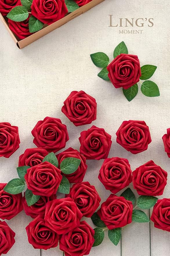 Ling's moment Artificial Flowers 50Pcs Kentucky Red Roses Decor w/Stems,3" Real Touch DIY Foam Floral for Wedding Bouquet/Centerpieces, Outdoors Party Backdrop, Room/Table, and Garden/Pot Decorations