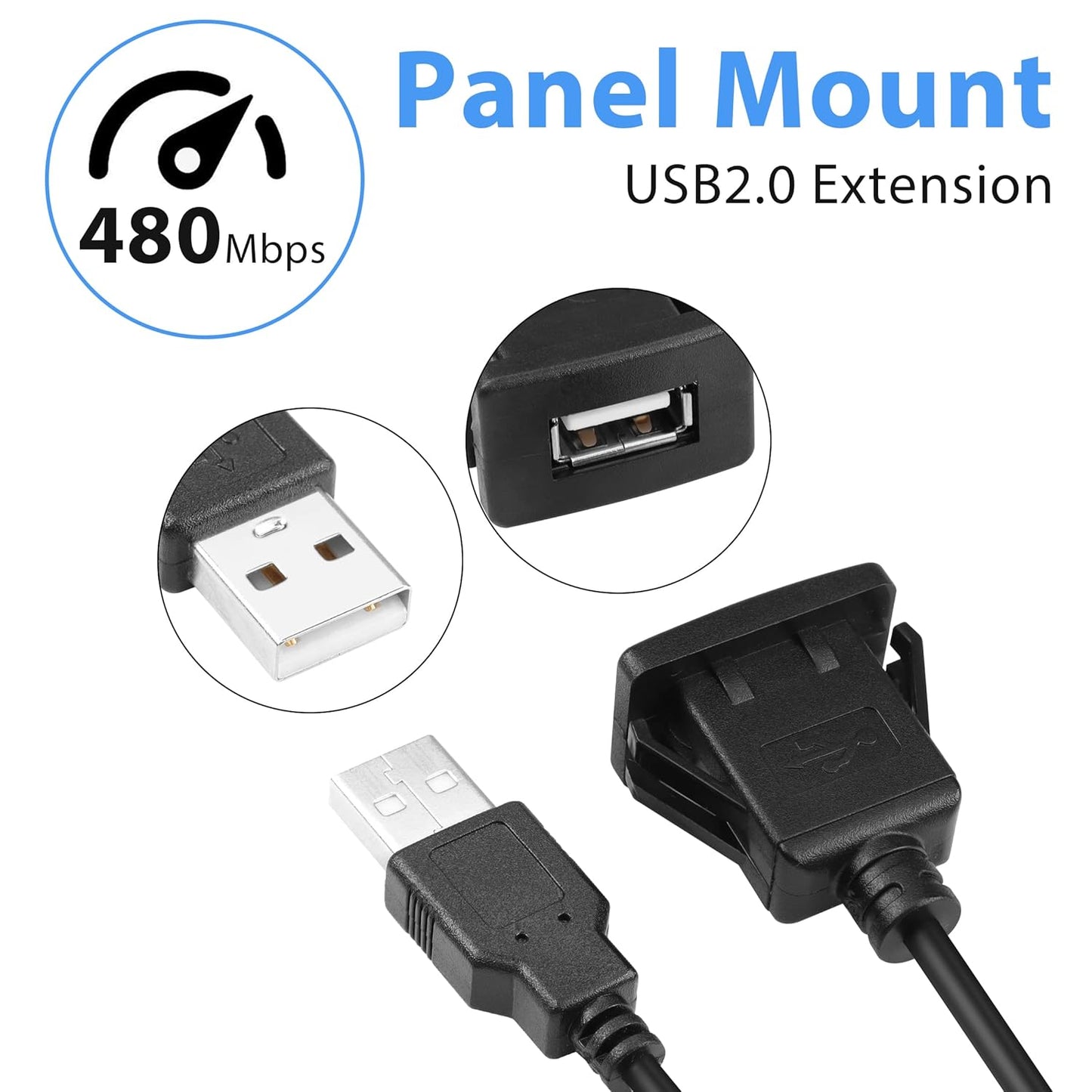 YACSEJAO USB Square Flush Mount Cable, USB 2.0 Single Port Dashboard Panel Extension for Car, 1m