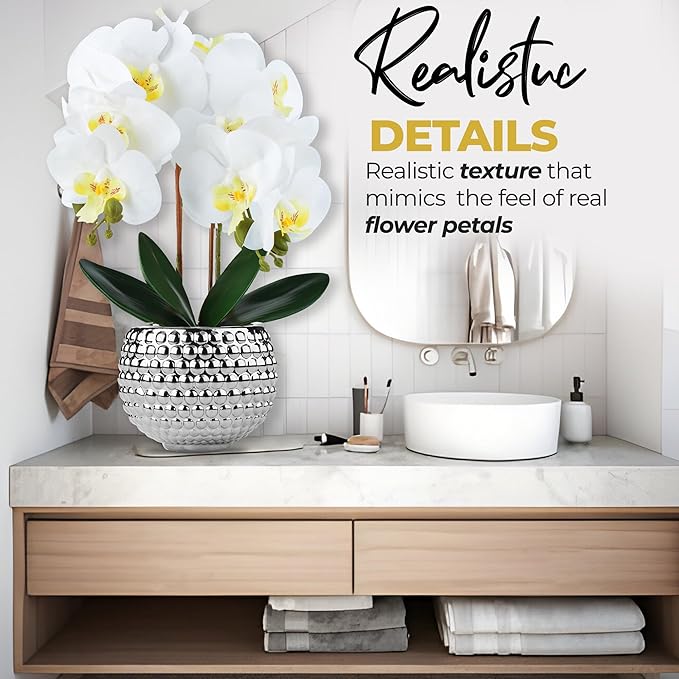 Large Orchids Artificial Flowers, 17'' White Faux Orchids with Gold Pot for Living Room Decor, White Faux Orchid Plant for Bathroom Kitchen Home Indoor Hotel Decor (Large Silver)