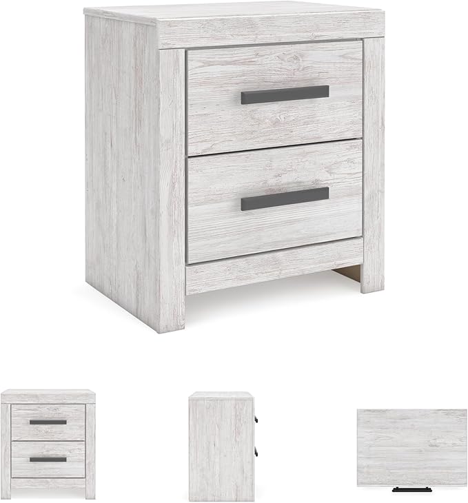 Signature Design by Ashley Cayboni Vintage 2 Drawer Nightstand with Safety Stop for Bedroom, 24.37" Tall, White