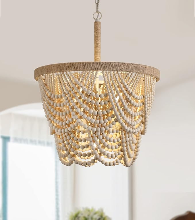 Q&S Boho Wood Beaded Chandelier,Farmhouse Coastal Large Bohemia 5 Lights for Dining Room Kitchen Living Room Entryway Foyer Hotel W19.9 UL Listed