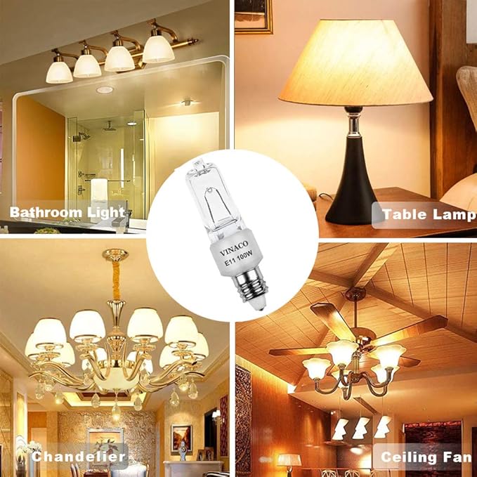 Vinaco E11 Bulb, 4PCS JDE11 120V 100W Halogen Light Bulbs, E11 Dimmable, 2700K Warm White, E11 Halogen Bulb 100 Watt with Mini Candelabra Base, High Output 1700LM & High CRI100 E 11 Light Bulb