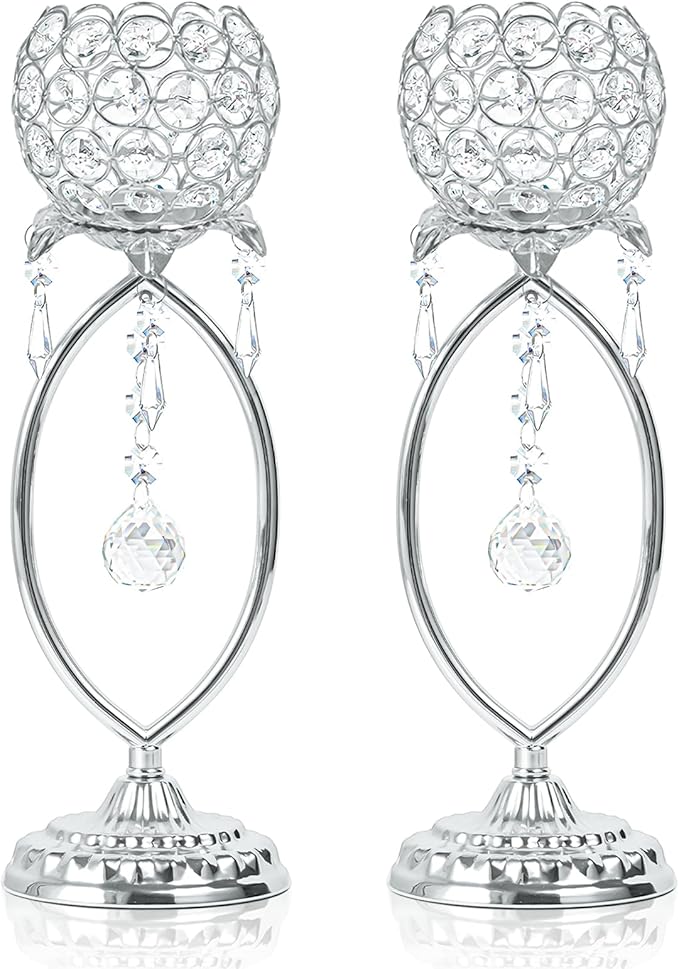 2 Pcs Silver Elegant Metal Crystal Tea Light Candle Holders with Crystal Pendants, Hollow Design - Wedding Table Centerpieces for Anniversary Birthday Party, Home Decor