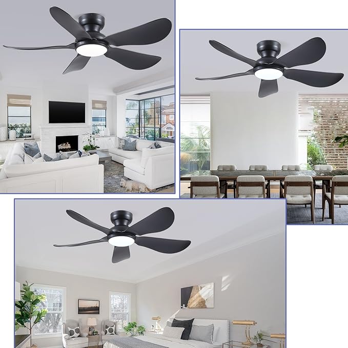 46 Inch Modern Ceiling Fans with Lights, Flush Mount Ceiling Fan with Light and Remote/APP Control, 5 Reversible 6 Speeds Curved Blades, 3 CCT Dimmable Lights for Bedroom, Black