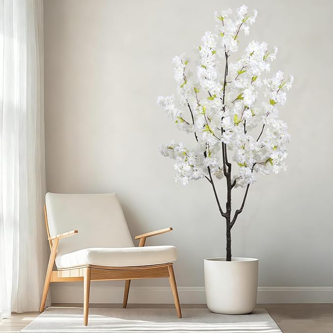 Faux White Cherry Blossom 6ft(72in) Artificial Floor Green Plant for Indoor Decor Natural Potted Tree with Texture Flowers Realistic Wood Trunk for Home Living Room,Office Perfect Housewarming Gift