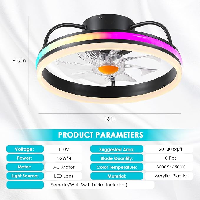Ceiling Fan-Low Profile Ceiling Fan with Light - Modern Flush Mount Ceiling Fan,16" RGB Dimmable LED Enclosed Ceiling Fans,Modern Bladeless LED-RGB Ambient Light for Bedroom Kids Room Party（Black）