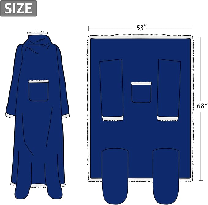 Catalonia Sherpa Wearable Blanket with Sleeves & Foot Pockets for Adult Women Men, Comfy Snuggly Wrap Sleeved Throw Blanket Robe, Gift Idea, Blue