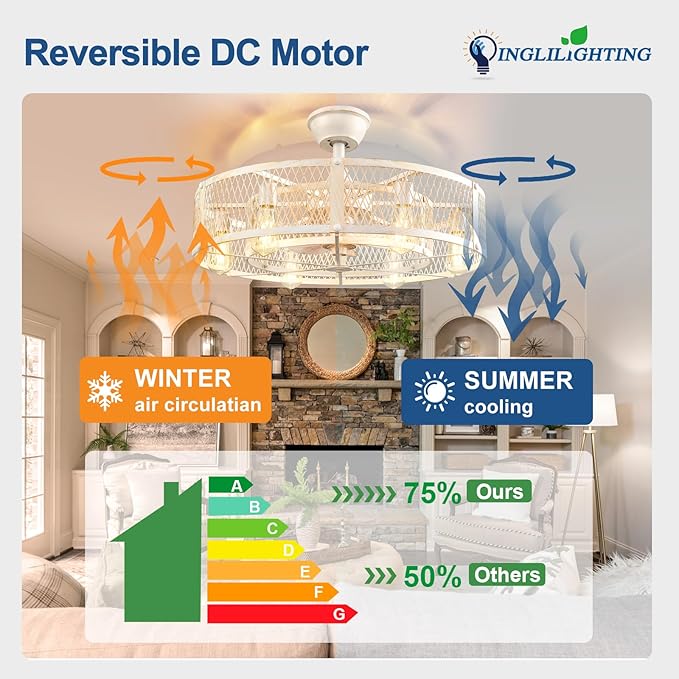 DLLT Caged Ceiling Fan with Lights: 26" Bladeless Fandelier with Light and Remote - Cement Industrial Chandelier Fan Light for Bedroom Living Dining Room Kitchen