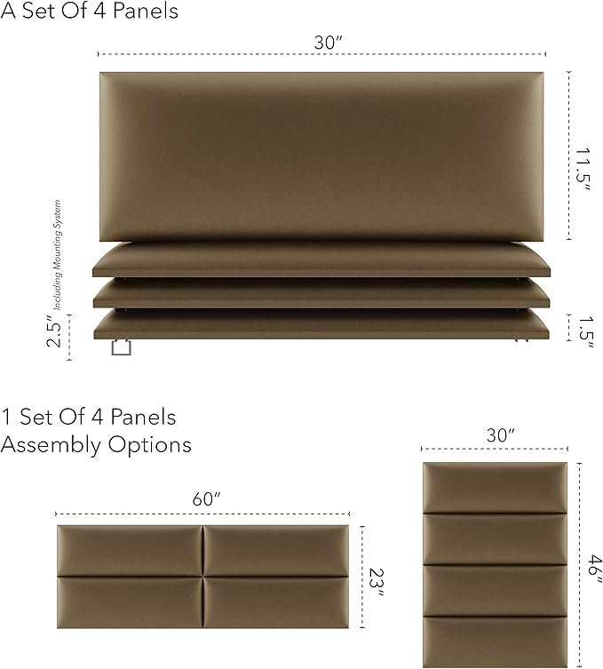 Vänt Upholstered Wall Panels - Queen/Full Size Wall Mounted Headboards - Metallic Gold - Set of 4 Panels (Each Individual Panel 30"x11.5")