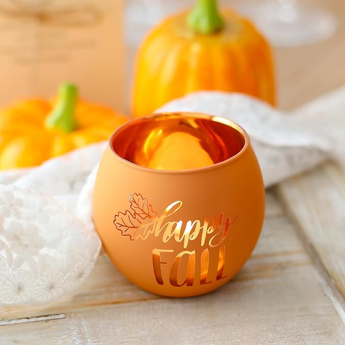WDHODEC Thanksgiving Candle Holders 6 Pieces Orange Pumpkin Glass Votive Candle Holder for Fall Wedding, Party, Table Centerpiece Décor Thanksgiving Decorations Indoor and Outdoor