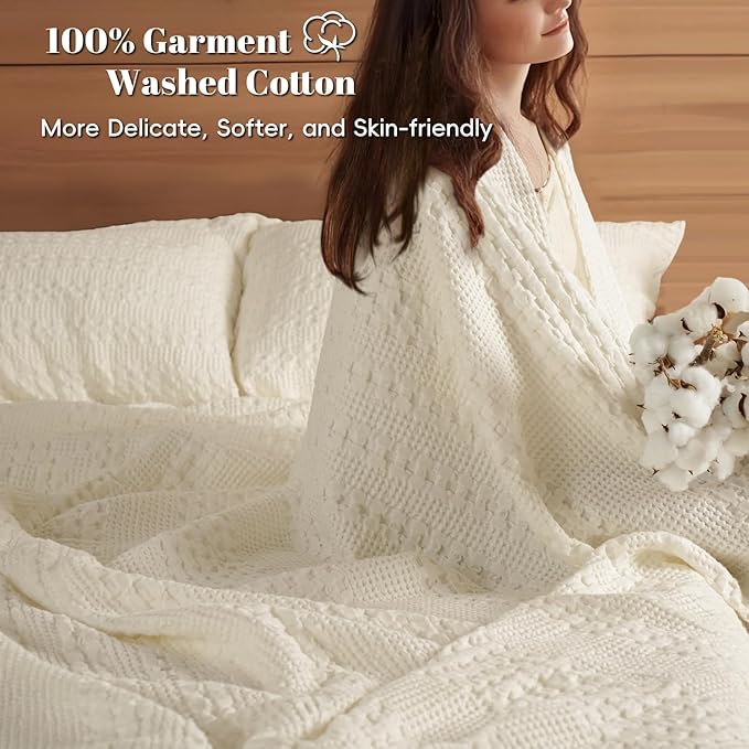 PHF 100% Cotton Waffle Weave Blanket King Size for Bed, Soft Lightweight & Breathable, All-Season Comfort, Luxury Aesthetic Woven Bedding for Home Decor, 108"x90", Cannoli Cream