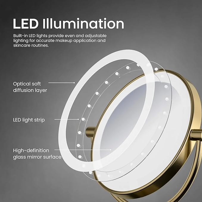 KIBI Circular Wall Mount Makeup Mirror with LED Lights, Dual-Sided 1x/5x Magnifying Mirror with Adjustable Arm, 360° Swivel, Solid Brass Construction for Durability and Style (Brushed Brass, KMM101)