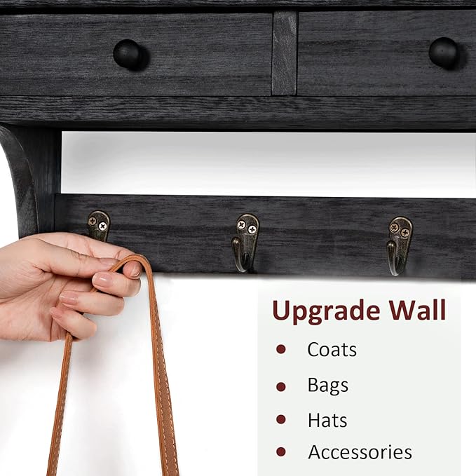 Emfogo Wood Coat Hooks Wall Mounted, Rustic Style with 4 Hooks & Shelf for Entryway, Mudroom, Bedroom, Kitchen, Bathroom (Black)