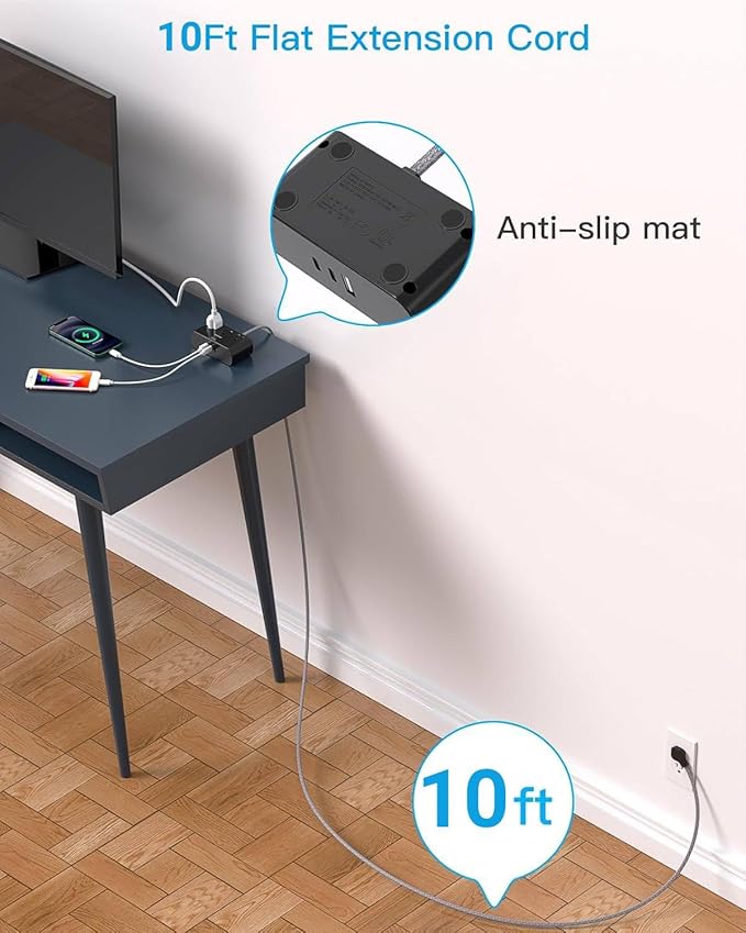 10 Ft Ultra Thin Flat Extension Cord, HANYCONY Black Flat Plug Power Strip with 3 Outlets 3 USB Ports(2 USB C), Desk Wall Outlet Extender, Non Surge Protector for Cruise, Dorm Room Essentials