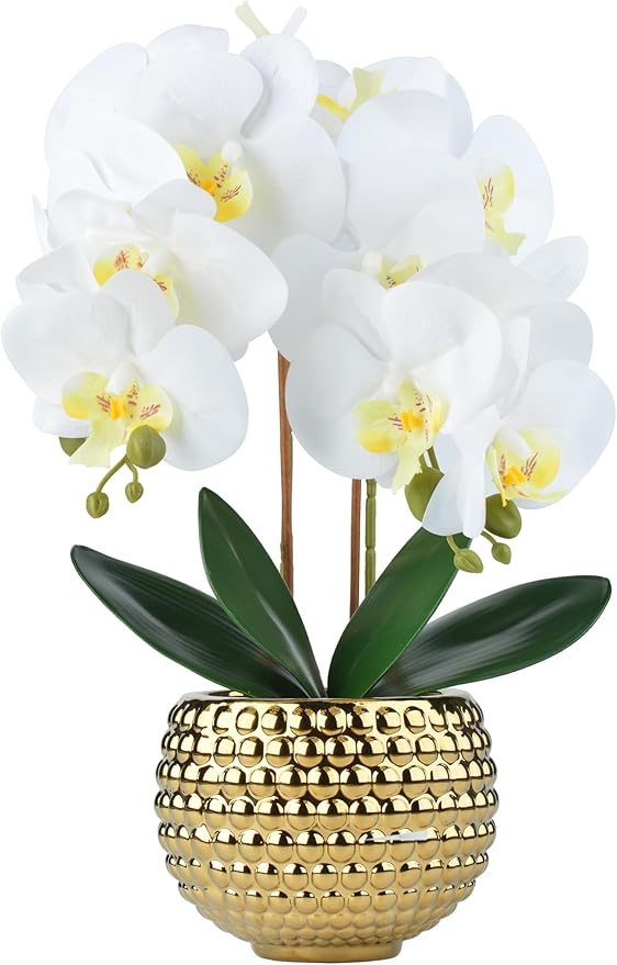 Large Orchids Artificial Flowers, 17'' White Faux Orchids with Gold Pot for Living Room Decor, White Faux Orchid Plant for Bathroom Kitchen Home Indoor Hotel Decor (Large Gold)