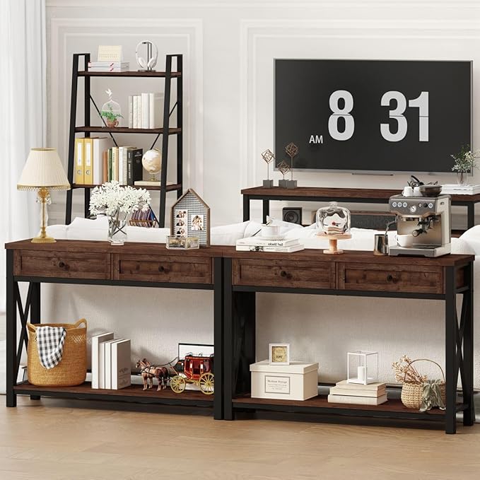 BON AUGURE Console Table with 2 Drawers, Entryway Tables with Storage, Sofa Table Behind Couch for Living Room, Farmhouse Entry Tables for Hallway, Foyer, Front Door (Rustic Oak, 47 Inch)