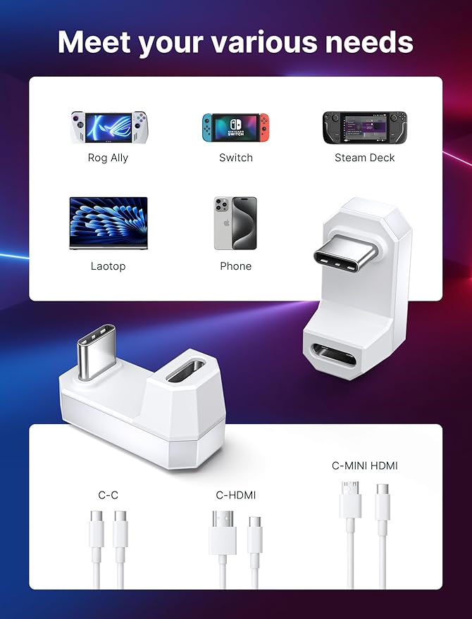 JSAUX 180° USB C to USB C Adapter 2 Pack, 180 Degree Angle Type C Male to Type C Female USB 4.0 / PD 100W Adapter, Compatible with ROG Ally, Steam Deck, Switch, Laptop, Tablet, Phone and More - White