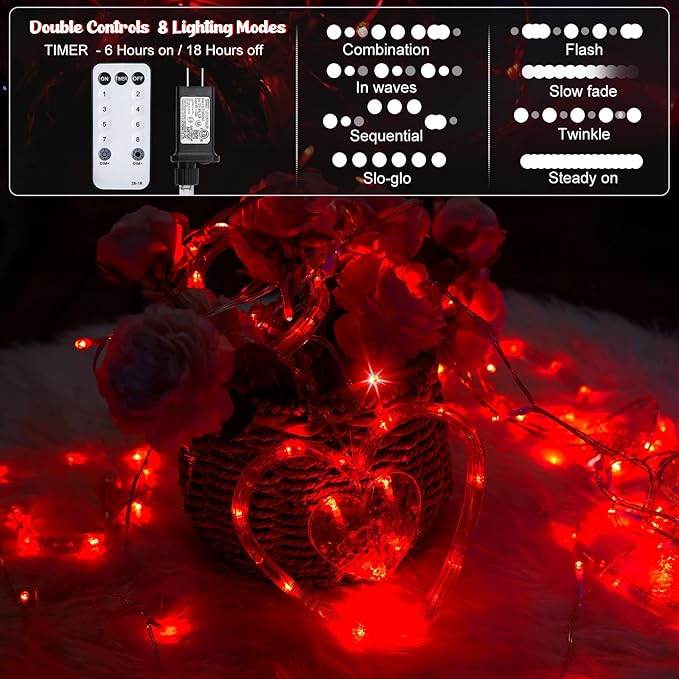 Valentines Day Decor, Red Love Heart String Lights for Bedroom, 12 Hearts 138 LED Fairy Twinkle Lights with Remote, 8 Lighting Modes Connectable Window Lights for Valentine's Day Wedding Home Decor