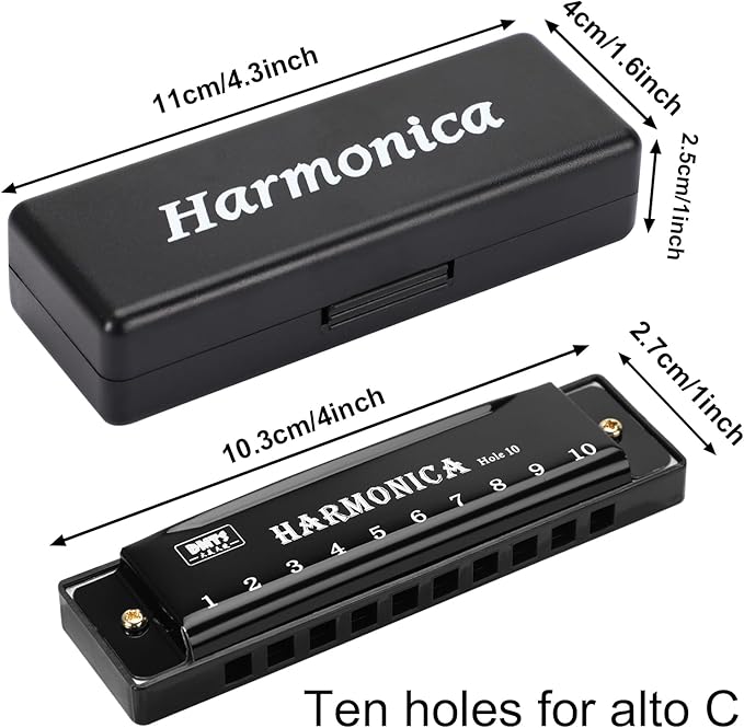 UPINS Harmonica, 4PCS Key of C 10 Hole 10 Tones Titanium Color Harmonica with Case for Beginner(Black)