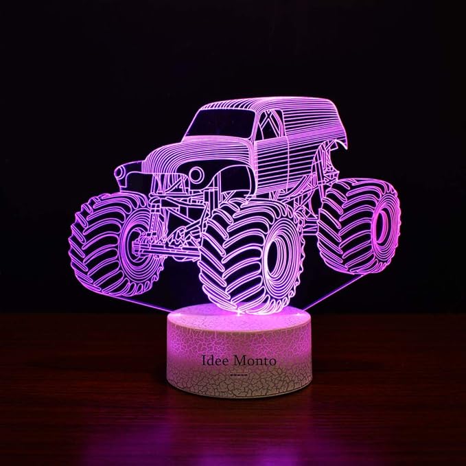 3D Night Lights for Children, Kids Night Lamp, Monster Trucks for Boys, 7 LED Colors Changing Lighting, Car Shape Acrylic Lighting Table Desk Bedroom Decoration, Cool Gifts Ideas Birthday Xmas