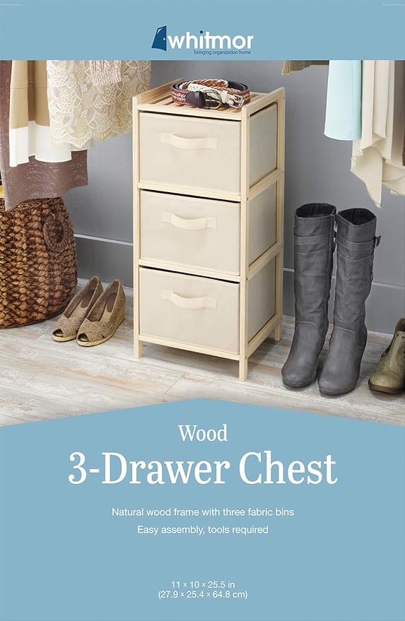 Whitmor 3 Drawer Wood Chest Organizer, Natural Pine Storage with Pull Out Fabric Bins, Easy Assembly, Compact Design for Bedroom Closet Nursery, 11.0"L x 10.0"W x 25.5"H