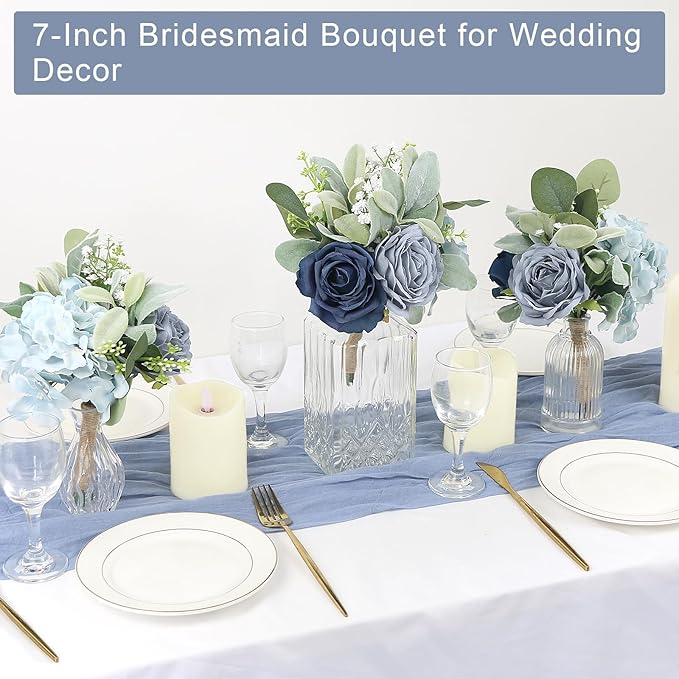 Wedding Artificial Bridesmaid Bouquet - 7 Inch Pre-Made Silk Bridesmaids Flowers Bouquet Small Bridal Bouquet for Bridesmaid for Rustic Vintage Wedding Ceremony Anniversary -Navy Blue