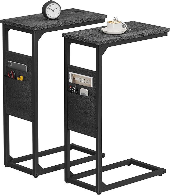 TUTOTAK C Shaped End Table, Side Table for Couch, Sofa Table with Storage Bag, TV Tray for Living Room, Bedroom, Charcoal Grey TB01BY0822