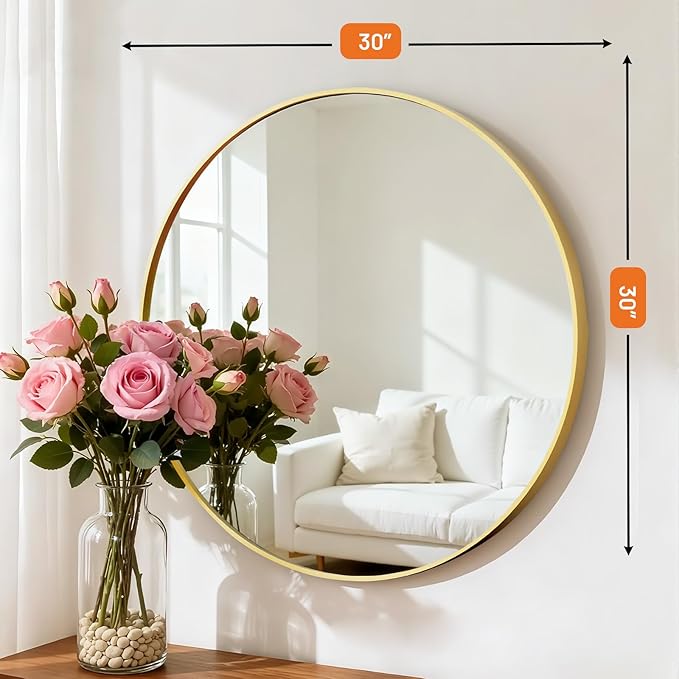 Sweetcrispy Round Bathroom Mirror 30 Inch Gold Metal Framed Wall Mounted Circle Vanity Mirror for Bathroom, Bedroom, Living Room, Entryway, Anti-Rust, Modern Decorative, Hanging or Leaning