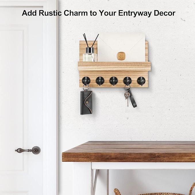 Key Holder for Wall, Decorative Key and Mail Holder with Shelf Has Large Key Hooks for Bags, Coats – Paulownia Wood Key Hanger with Mounting Hardware (9.8”W x 6.7”H x 4.2”D) (Burnt Wood)