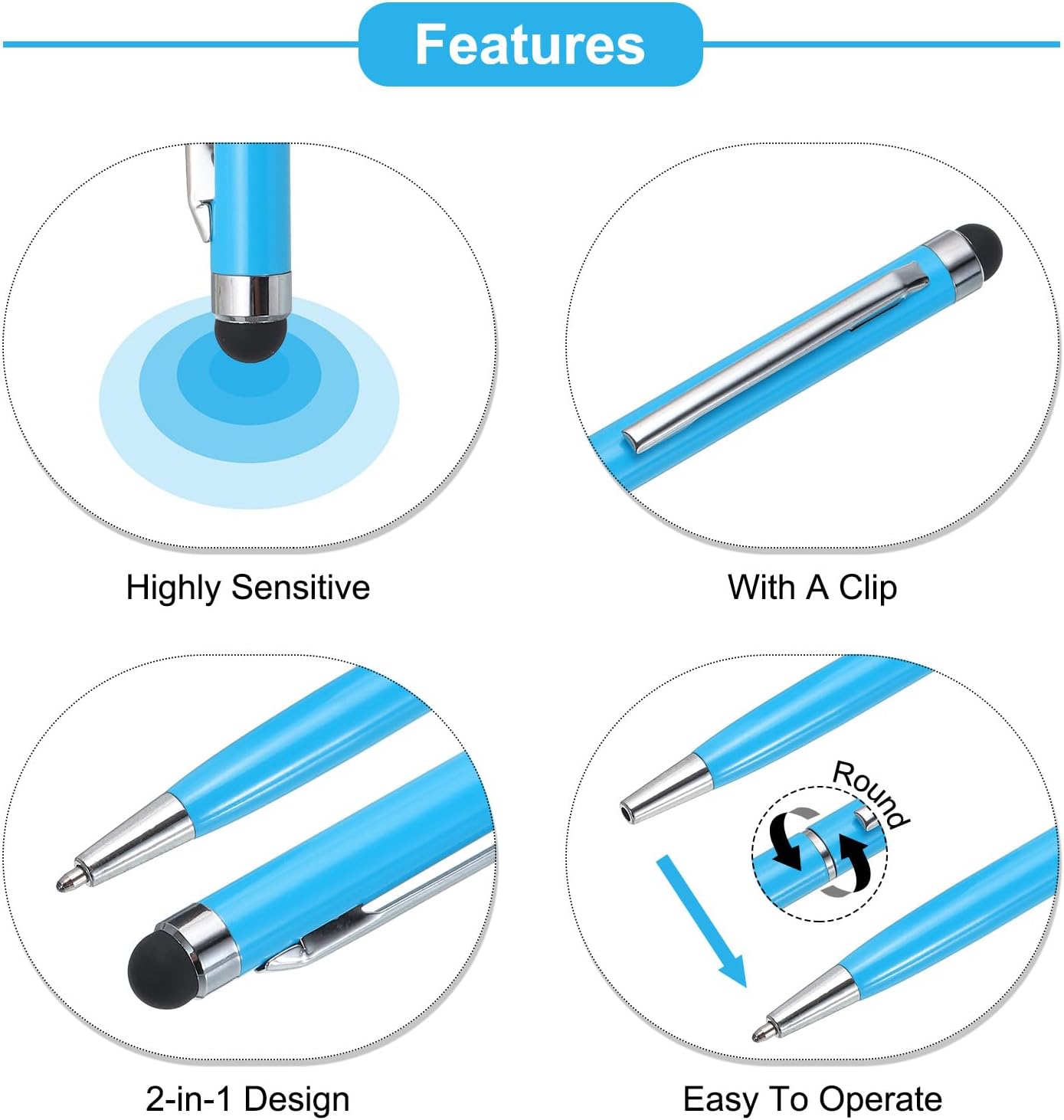 MECCANIXITY 6pcs Metal Stylus Pen Ballpoint Pen 2 in 1 Universal Retractable Ink Pen with Stylus Tips for All