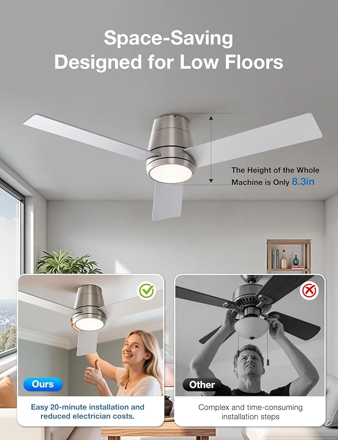 warmiplanet Flush Mount Ceiling Fans with Lights and Remote Control, 52-Inch, Brushed Nickel, 4-Blades, 2 Pack