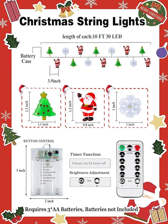 Christmas String Lights Decoration, 10ft 30LED Christmas Tree Santa Snowflake Fairy Lights Battery Operated with Remote, 8 Modes & Timer, Twinkle Light for Xmas Tree Party Indoor Outdoor Decoration