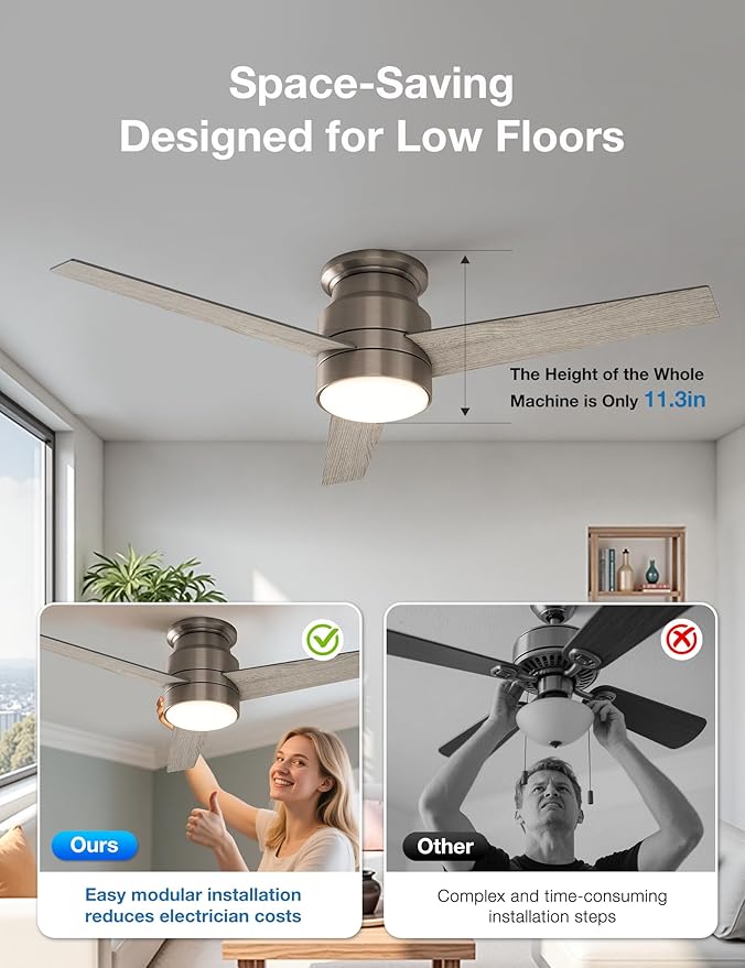 warmiplanet Flush Mount Ceiling Fan with Lights Remote Control, 52-Inch, Antique Nickel, 3-Blades