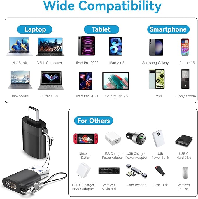 4 Pack USB to USB C Adapter, 2Pack Type C Female to A Male Converter，2Pack USB C Male to USB 3.0 Female OTG Converter for Apple Watch Ultra 8 9,iPhone 16 15 Pro Max 14 13,AirPods, Samsung S24S Black