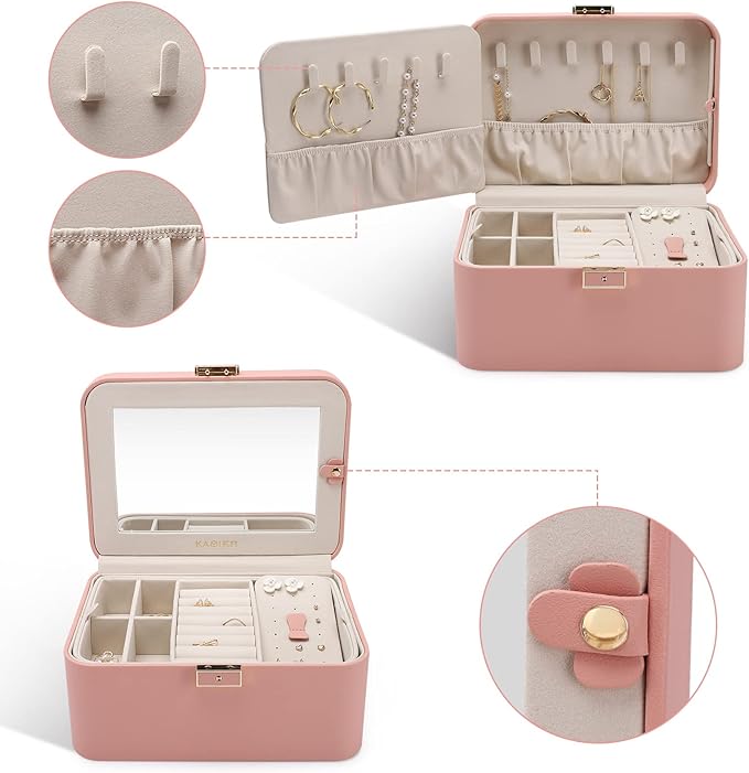 KAMIER Jewelry Boxes for Women, 2 Layers PU Leather Travel Jewelry Box, Large Capacity, Double Lock and Large Mirror, Hidden Necklace Hooks, Removable Dividers, Gift Box Packaging, Pink