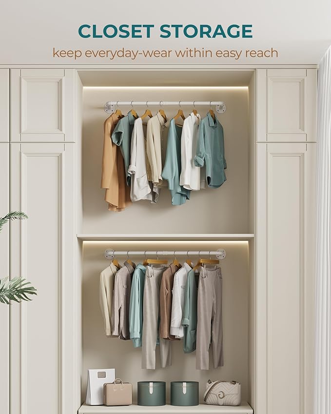 OROPY Industrial Pipe Clothes Rack Wall Mounted Set of 2, 38.4 inches Heavy Duty Iron Pipe Clothing Garment Rail, Multi-Purpose Clothing Hanging Rod for Laundry Room and Closet Storage, White