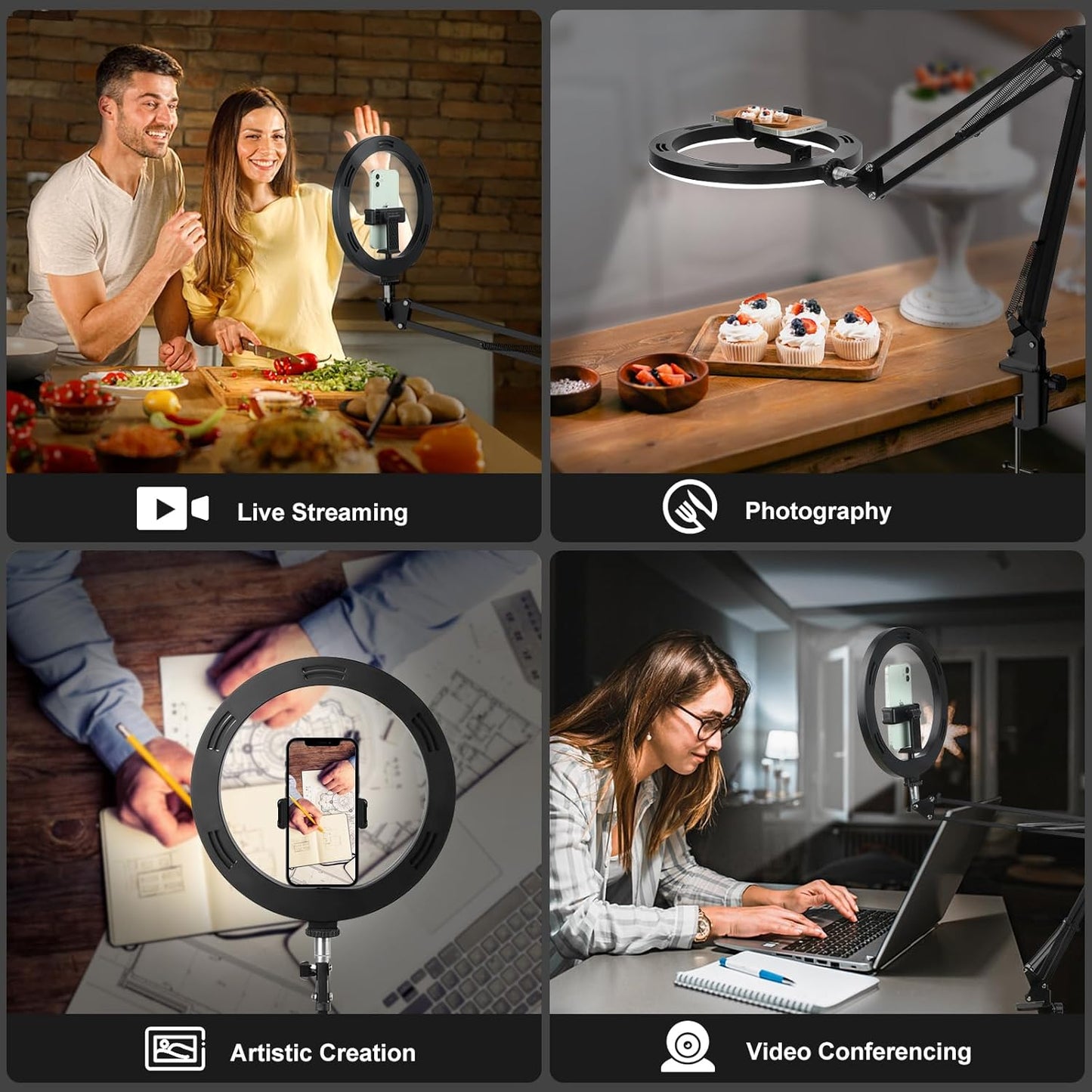Evershop Upgrade Ring Light Overhead Phone Mount, 10” Circle LED Desk Ring Light with Stand for Video Recording