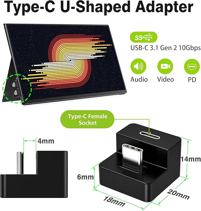 AGVEE 180 Degree Angled USB-C to USB-C Adapter and 2 Direction U-Shaped Mini HDMI to HDMI Converters, HDMI 2.0 4k@60HZ, Coupler Extender Extension for Portable Display Monitor, Black