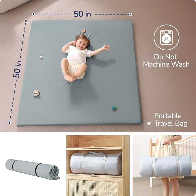 Baby Play Mat for Floor,1.3'' Thick Memory Foam Play Mat,50''x50'' Tummy Time Mat with PU Leather,Cushioned & Waterproof Playpen Mats,Non Slip Crawling Padded for Toddlers,Infants,Kids