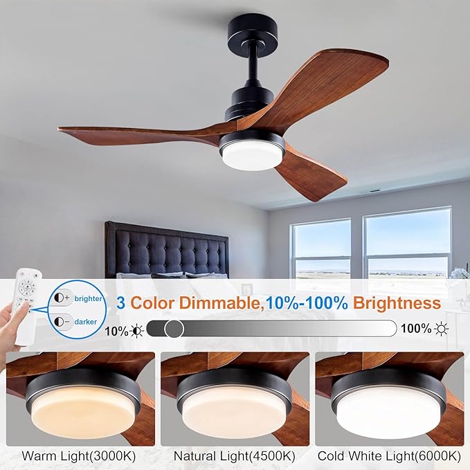 BOJUE 42 Inch Black Ceiling Fans with Lights and Remote,Dimmable LED Light,Quite Reversible DC Motor,Memory Function,Modern Solid Wood Indoor Outdoor Ceiling Fan with Light for Office Patios