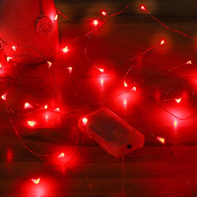 Mikasol Fairy Lights Battery Operated, 1 Pack Mini 3*AAA Battery Powered Copper Wire Led Starry String Lights Firefly Lights for Bedroom, Christmas, Parties, Decoration (5m/16ft Red)