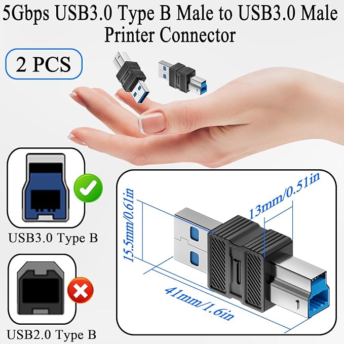 QIANRENON USB3.0 Type B to USB-3.0 Printer Adapter 5Gbps USB3.0 B Male to A Male Data Connector USB-B 3.0 to USB-A Converter, Not for Type-B 2.0, for Computer External Hard Drive Scanner, 2Pcs