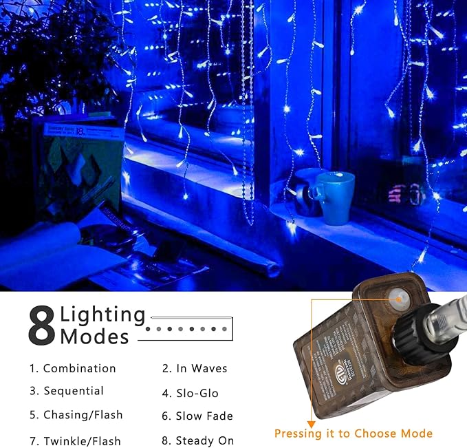 Brizled Blue Icicle Lights, 29ft 360 LED Christmas Icicle Lights with Remote, 8 Modes Christmas Roof Light with 60 Drops, Connectable Xmas Eave Light Outdoor Drop Lighting for Xmas Wedding Holiday