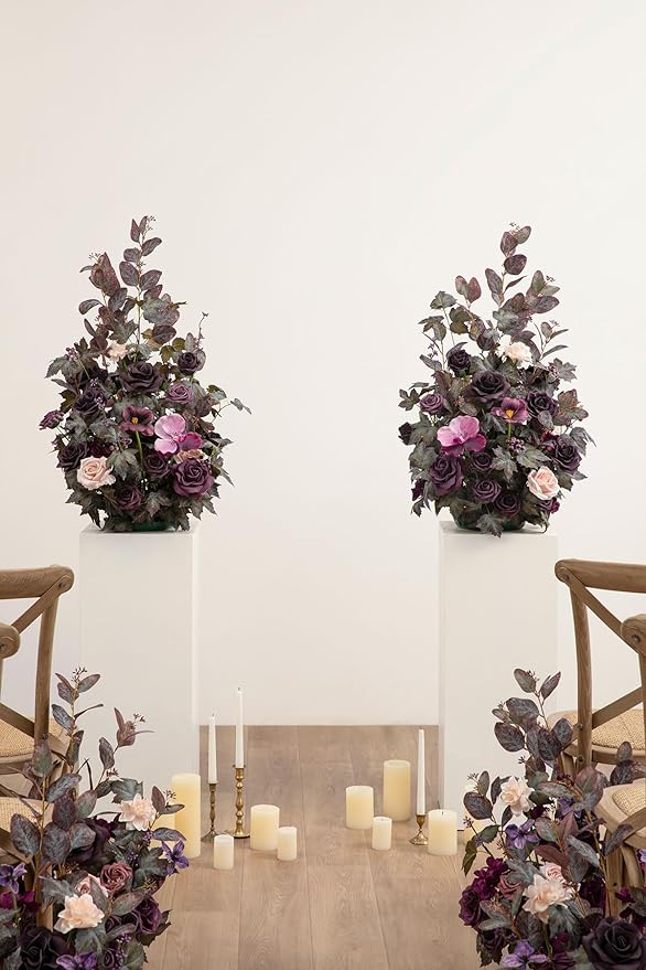 Ling's moment 41" Tall Fall Free Standing Artificial Flowers Arrangements 2pcs Wedding Aisle Runner Chair Decoration Fake deep Plum for Arch Entryway Ceremony Reception Church Rose Floral Party