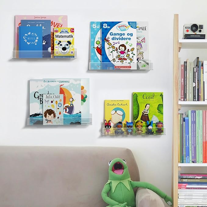 NIUBEE 16.5-Inch Acrylic Floating Bookshelves, 4-Pack, Clear Modern Wall Shelves for Child/Toddler， Invisible Ledge Book Shelves for Multi-Layer or Multi-Room Storage in Kids’ Rooms and Family Spaces