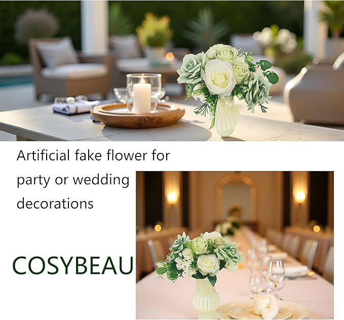 Artificial Flowers Fake Roses, Faux Plant with Stems for DIY Wedding Bouquets Bridal Shower Centerpieces Arrangements Party Tables Decorations (24, Mix Shades of Light Green)
