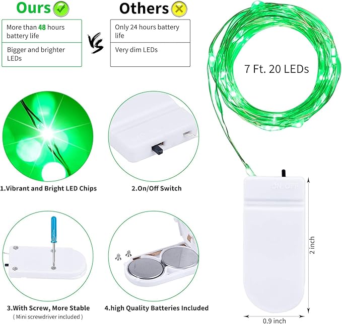 Brightown 12 Pack St. Patrick's Day LED Fairy Lights Battery Operated String Lights Waterproof Silver Wire 7 ft 20 LED Firefly Starry Moon Lights for DIY Wedding Party Bedroom Patio