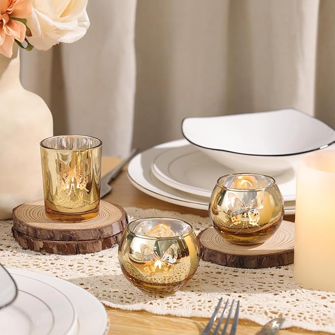 Gold 12 PCS Combination Tea Lights Candle Holder Decorative with Butterfly Pattern, Votive Candle Holders for Wedding, Birthday, Anniversary, Parties, and Holiday Decorations