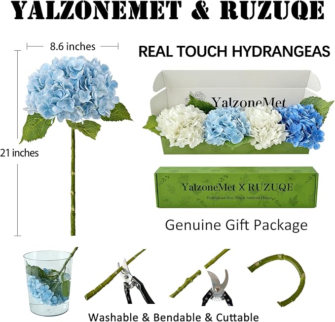 YalzoneMet 4 Pcs Real Touch Hydrangea Artificial Flower Natural Lifelike 21'' Long Stem Latex Hydrangea Flower Gift for Home Party Outdoor Wedding Table Centerpiece Decor 2 White +1 Blue +1 Light Blue